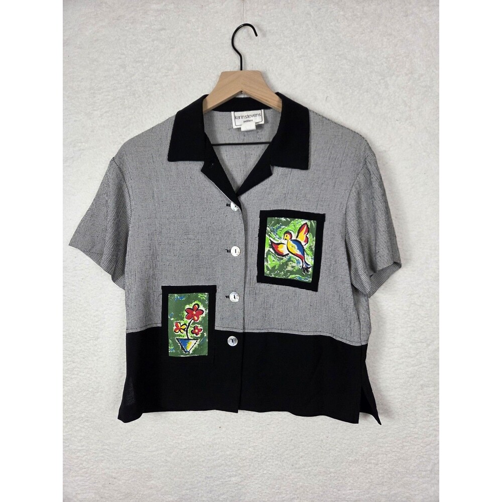 Vtg Karin Stevens Button Up Blouse 6P Art Patchwork Novelty Retro 90s Top